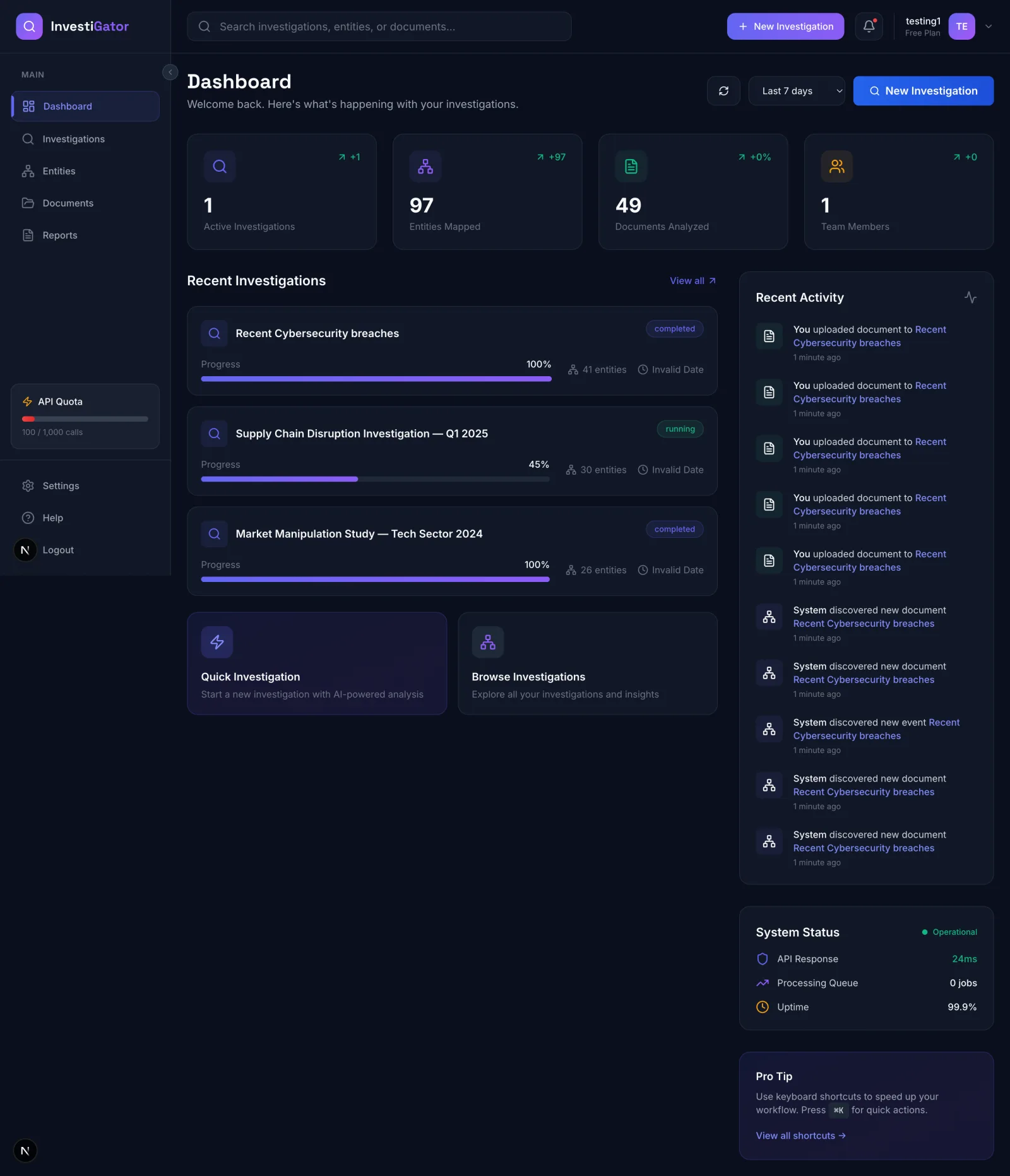 InvestiGator dashboard